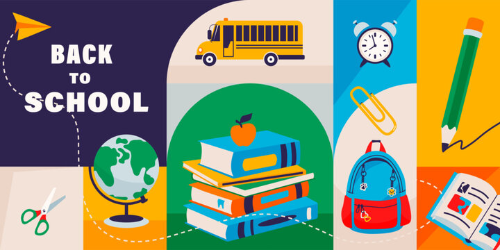 Back to school horizontal banner with school supplies and bus. Color vector geometric illustration with cartoon icons of backpack, books, globe, pencil, typography text