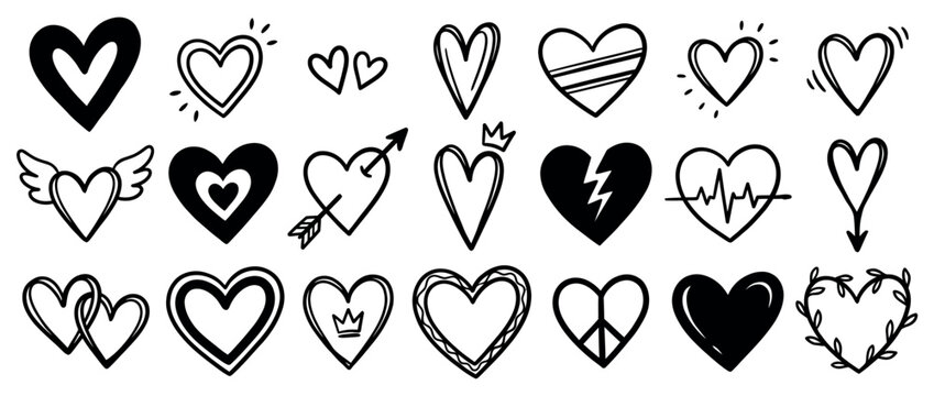 Hand drawn heart icons for romantic greeting cards and wedding stationery design
