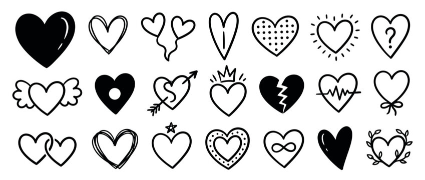 Hand drawn heart icons for romantic graphic design and wedding stationery decoration