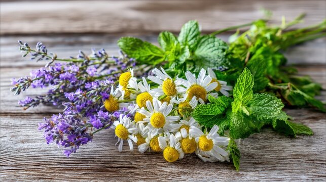 Fresh medicinal herbs chamomile flowers mint and lavender on wooden table