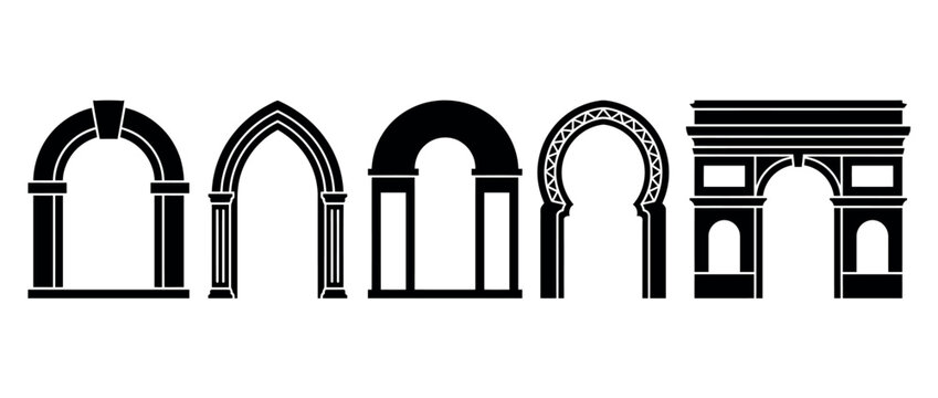 Architectural archway silhouettes representing diverse historical styles for design and educational projects