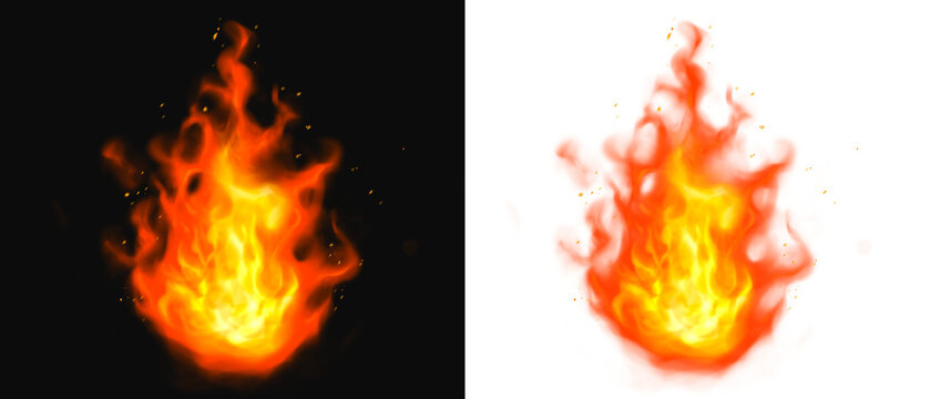 火の玉のイラスト。燃え上がる炎のエフェクト素材。火の粉。火の魔法。背景透過。	
