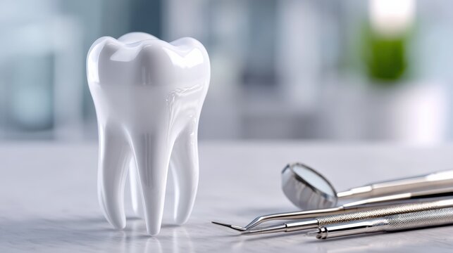 Detailed anatomical human tooth model with dental tools in a modern dental office setting