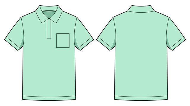 Blank mint polo shirt with chest pocket template. Front and back views. Vector illustration.