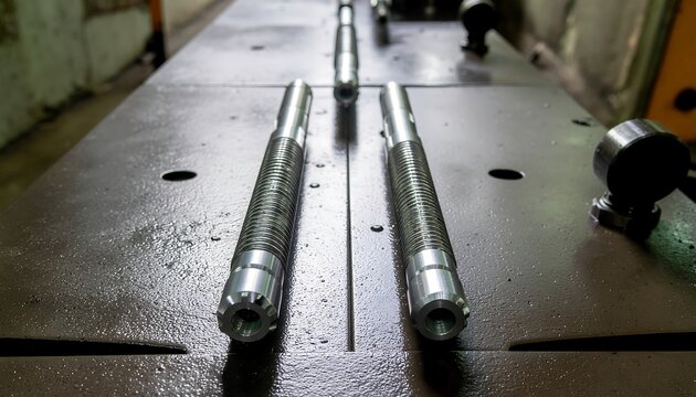 Precision metal rods on industrial workbench with machining tools