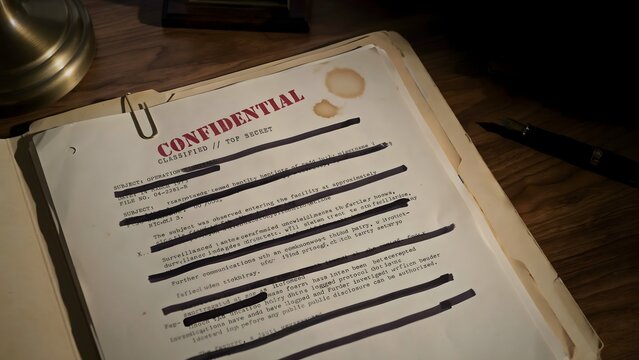 Confidential paper document with black redacted lines and a metal gavel on a wooden desk