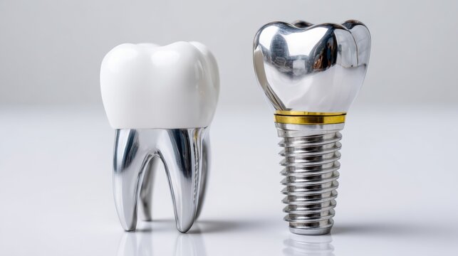Detailed titanium dental implant placed next to a model tooth on a clean white background for dental imagery