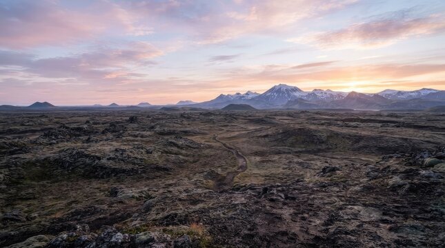 Beautiful sunset over a dark rocky volcanic landscape with a colorful cloudy sky in the evening