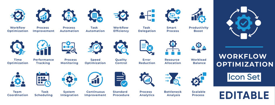 Workflow optimization icon set featuring process improvement, automation, productivity, performance tracking, quality control, bottleneck analysis, and continuous improvement.