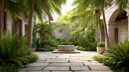 Fototapeta premium Lush Inner Courtyard Garden with Water Fountain