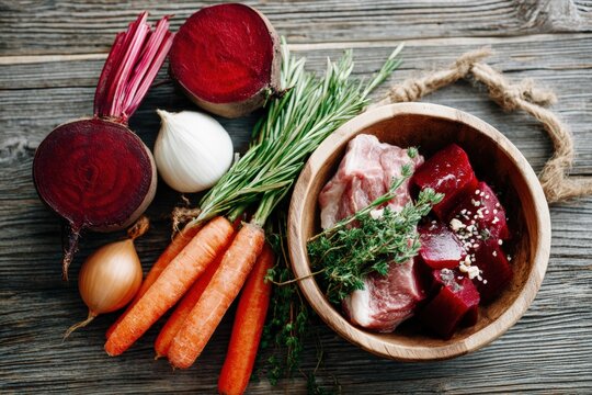 Fresh ingredients for making borscht arranged on wooden table in natural light