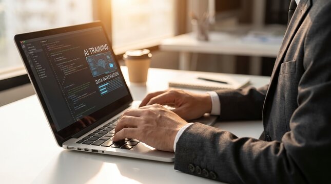Businessman programming and training AI model on laptop in office