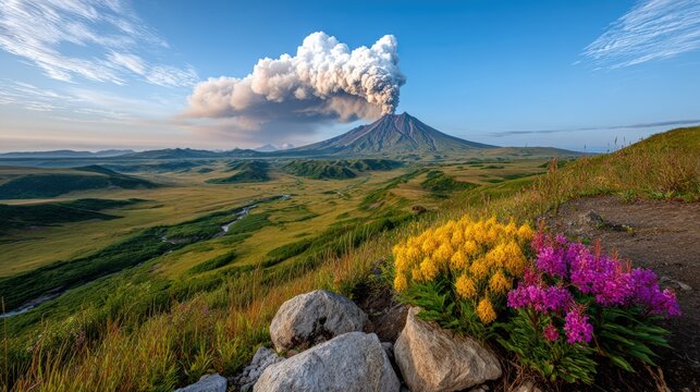 Kamchatka volcano erupts gently as smoke rises over the rugged landscape with flowers in the foreground