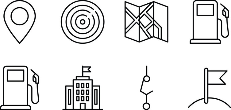 Navigation location tracking and travel route line icon set featuring pin map gas station vector