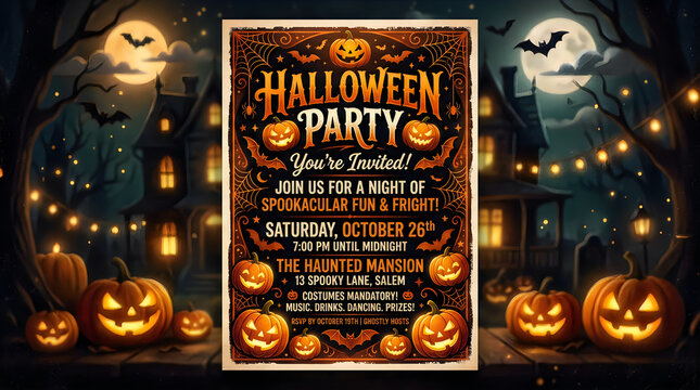 Halloween party invitation with jack-o-lanterns and spooky decor.
