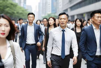 Obraz premium Busy Chinese business commuters walking in urban street