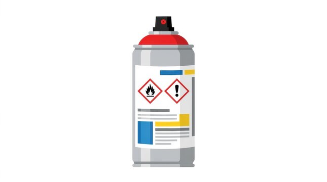 A spray can is displayed with safety labels showing hazard symbols and instructions. The symbols indicate flammable and caution risks.