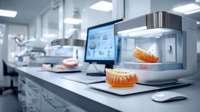 Modern dental laboratory with advanced ceramic crowns and digital tools in a bright workspace