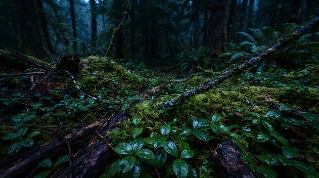 Closeup of a lush, mossy forest floor in the pacific northwest, featuring vibrant green leaves, fallen branches, and a dark, moody atmosphere in a temperate rainforest