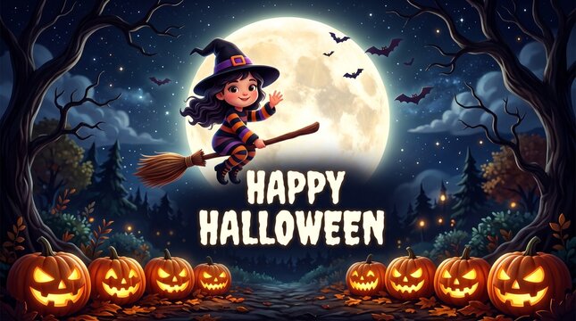 Cute cartoon witch flying on a broomstick with jackolanterns