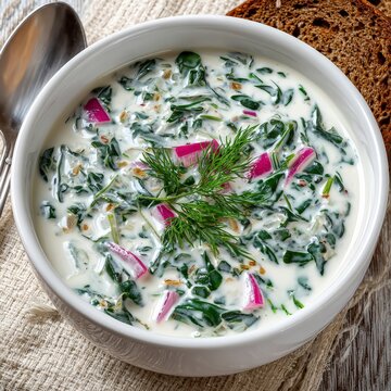 Okroshka bowl with ingredients on linen tablecloth beside bread and spoon