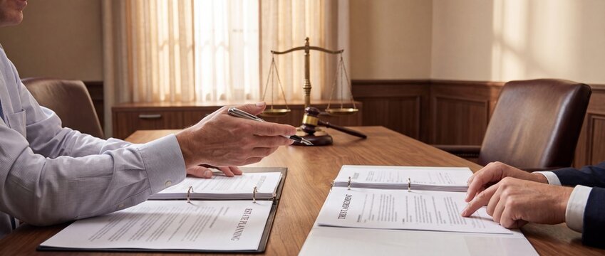 Legal meeting with documents and scales of justice in a formal office setting with individuals formal attire law practice environment depicts two individuals