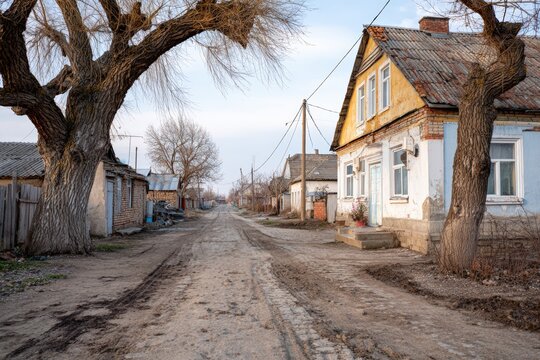 Dirt road winding through small village during evening light with quiet buildings and trees
