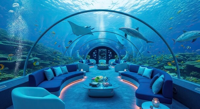 Spacious underwater living room with glass tunnel aquarium view.