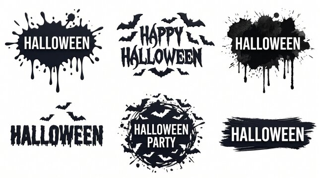 Set of halloween text labels with ink splatters and bats