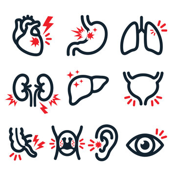Human organ pain and inflammation icons for medical diagnosis and healthcare education applications