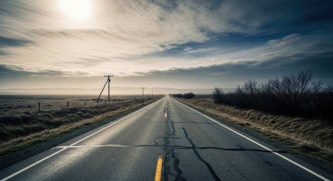 Straight road under dramatic cloudy sky.