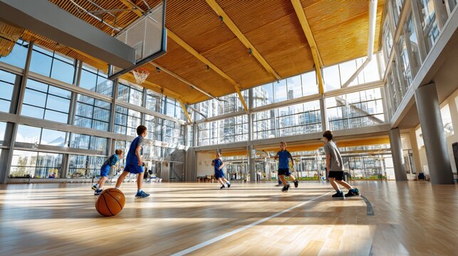 Children play basketball in modern sports hall with large windows and natural light