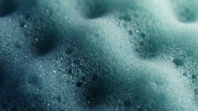 Macro photography of a teal blue cleaning sponge showing highly detailed porous texture.