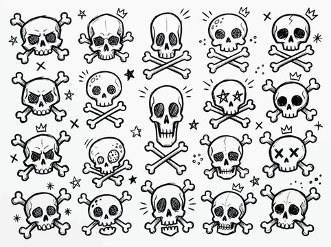 Hand drawn skull and crossbones icons for edgy graphic design and streetwear apparel branding