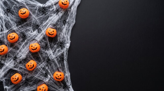 Halloween background with spider webs, plastic spiders and pumpkin buckets