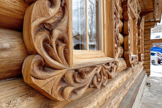 Wooden izba house with carved windows in a rural setting under soft daylight