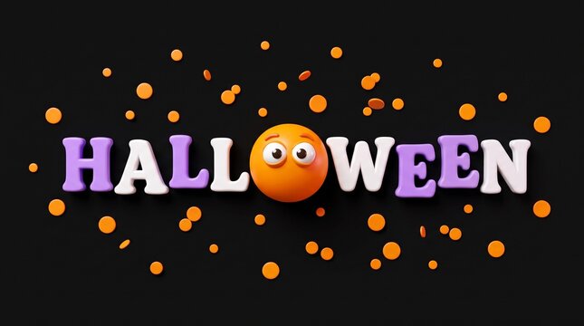 3d halloween text with cute orange character and confetti on black