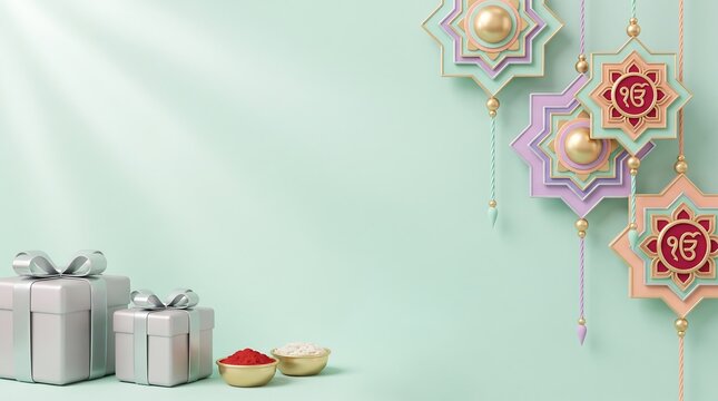 Festive Raksha Bandhan 3D Render Background with Ek Onkar Rakhi, Gifts and Copy Space
