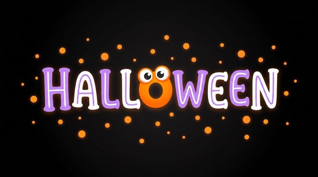 Halloween text design with cute orange character eyes on black background