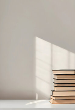 Stack of books on white table with natural light