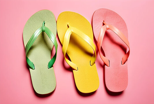 Three colorful flip flops in green, yellow, and pink arranged neatly on a bright pink background, summer footwear