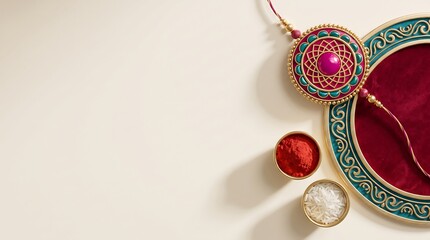 Naklejka premium Raksha Bandhan Background with Elegant Rakhi Thali Kumkum and Rice