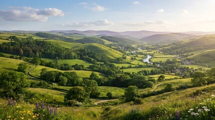 Fototapeta premium Lush green countryside valley with rolling hills. Scenic pastoral landscape under bright daylight skies.