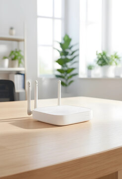 White wifi router on wooden office desk