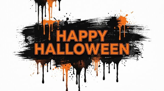 Happy halloween text with orange and black paint splatter isolated on white background