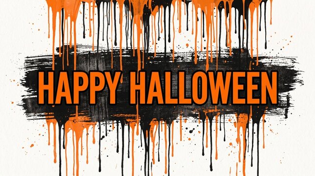 Happy halloween text with orange and black paint drips isolated on white background