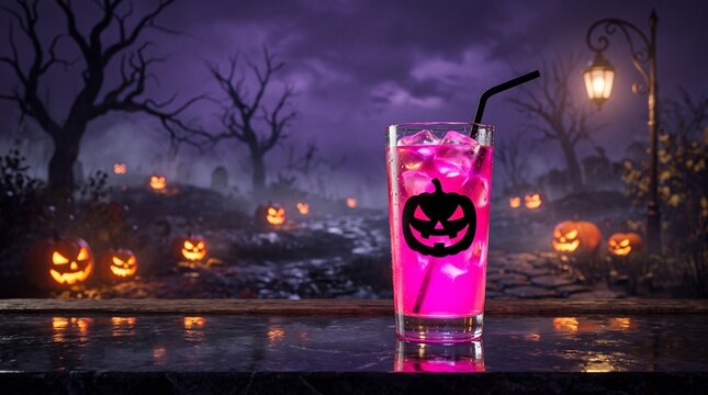 Pink halloween cocktail in a glass with a pumpkin face