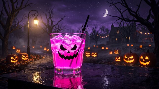 Spooky pink halloween drink with spider straw in a graveyard