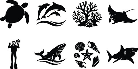 Ocean animals and marine life black silhouette icon set featuring underwater wildlife and scuba diving © Shilpi