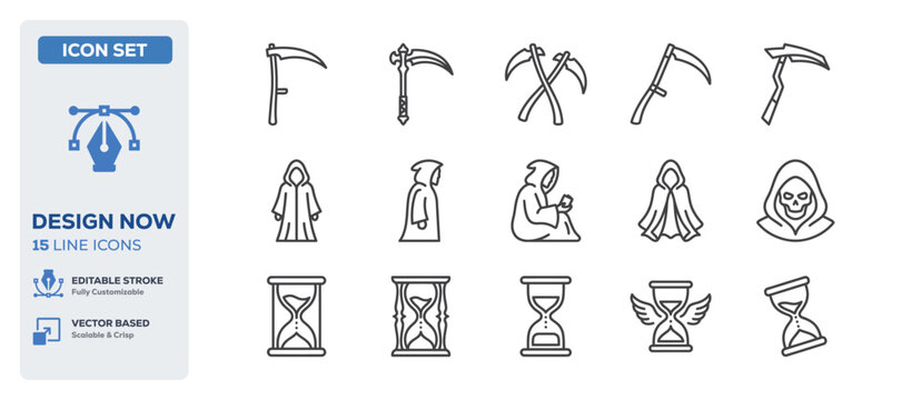 flat vector illustration line art icon bundle set design covering dangerous grim reapers scary death scythes horror halloween characters and spooky hooded figures UI app